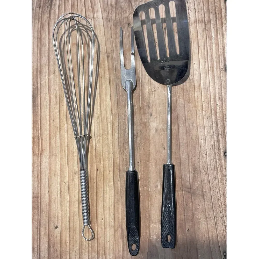 LOT 3 VINTAGE METAL KITCHEN TOOL UTENSIL WHISK SPATULA FORK EKCO CHROMIUM PLATE!
